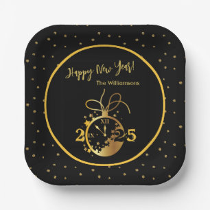 Any Year Happy New Year's Black Gold Clock  Paper Plates