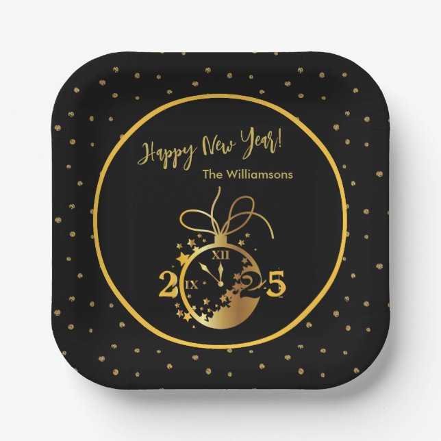 Any Year Happy New Year's Black Gold Clock  Paper Plates (Front)