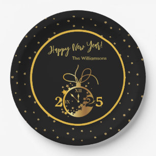 Any Year Happy New Year's Black Gold Clock Paper Plates
