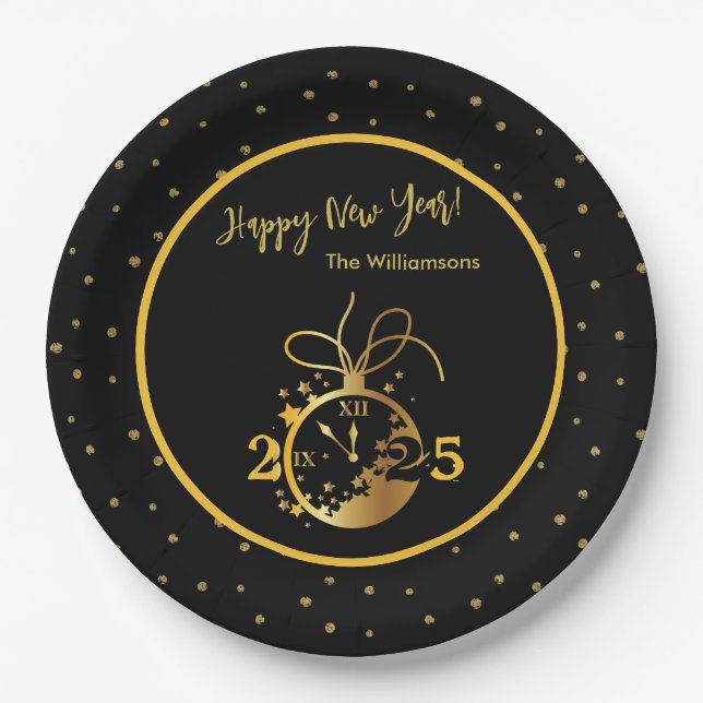 Any Year Happy New Year's Black Gold Clock  Paper Plates (Front)