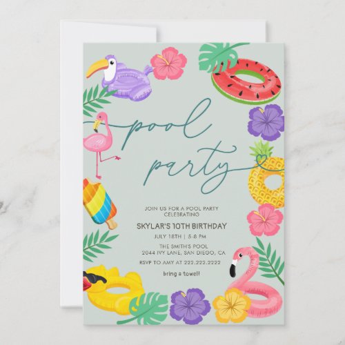 Any Year Modern Tropical Pool Party Birthday  Invitation