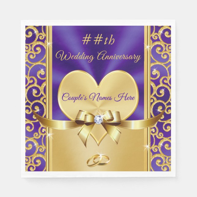 Any Year Purple and Gold Anniversary Paper Napkins (Front)