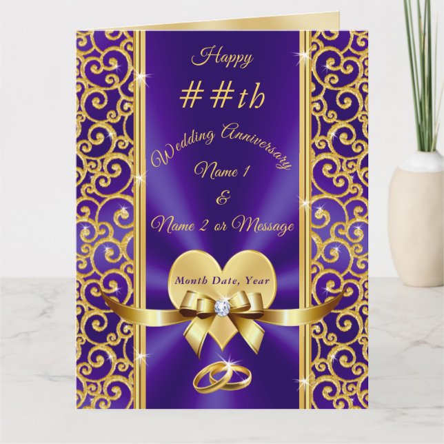 Any Year Purple Gold Personalized Anniversary Card (Front)