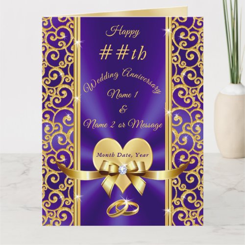 Any Year Purple Gold Personalized Anniversary Card