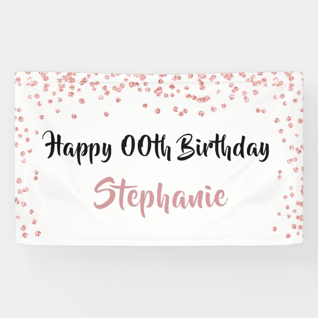 Any Year  Rose Gold Birthday Confetti Script Banner (Horizontal)