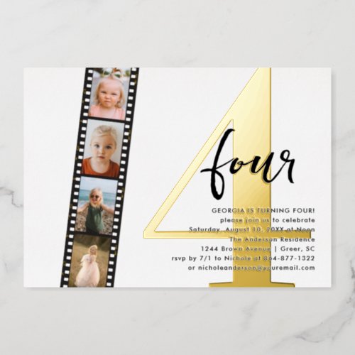 Any Year  Simple 4 Filmstrip Photo Birthday Party Foil Invitation