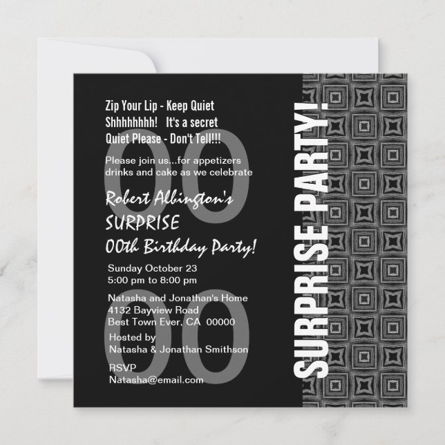 Any Year Surprise Birthday Modern Black White Gray Invitation (Front)