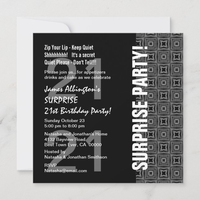 Any Year Surprise Birthday Modern Black White Gray Invitation (Front)
