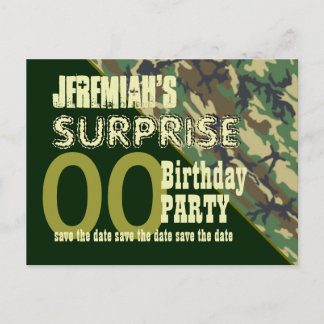Any Year Surprise Birthday Save the Date Camo Announcement Postcard