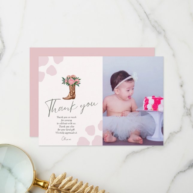 Any year western cowgirl pink birthday photo thank you card (Front/Back In Situ)