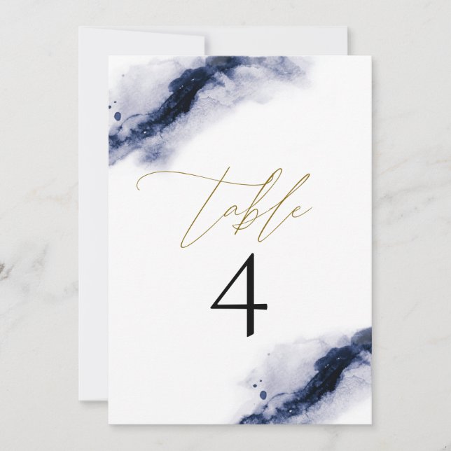 ANYA | Navy Blue Watercolor Gold Table Number (Front)