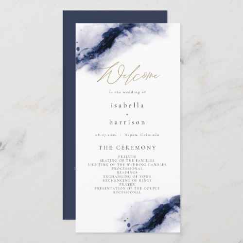 ANYA  Navy Blue Watercolor Gold Wedding Program