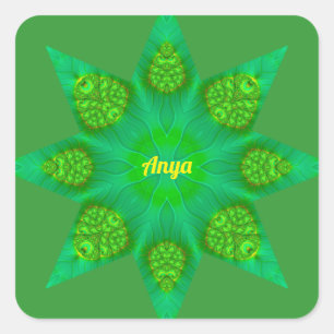 ANYA ~WOW! Octagonal Green Star Fractal Design ~ Square Sticker