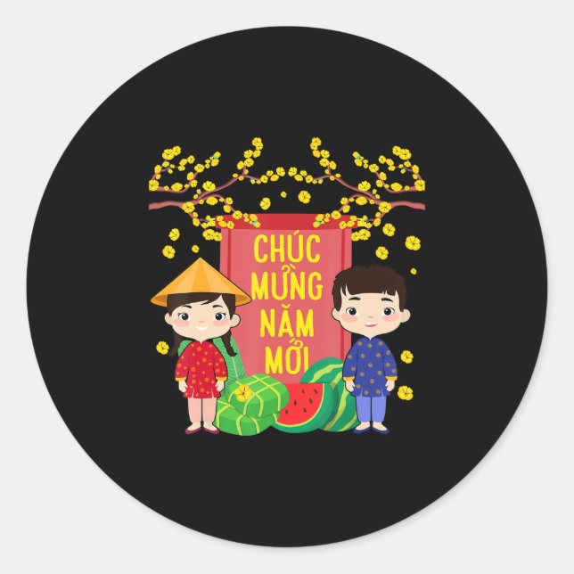 Ao Dai Kids Chuc Mung Nam Moi  Vietnamese New Year Classic Round Sticker (Front)