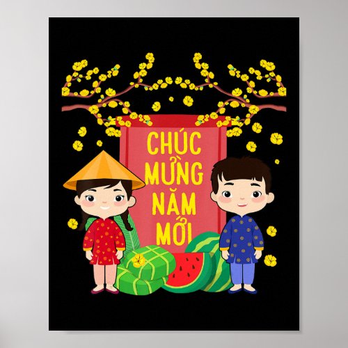 Ao Dai Kids Chuc Mung Nam Moi Vietnamese New Year Poster