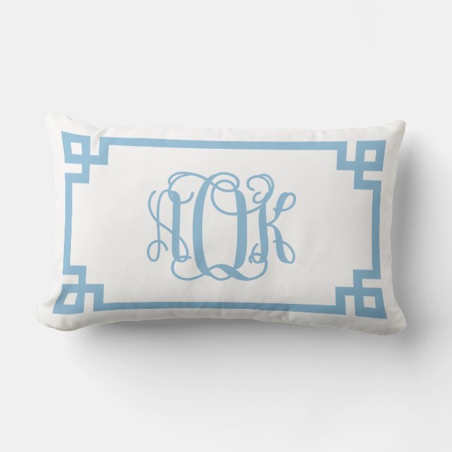 AOK Sky Blue Greek Key Script Monogram Lumbar Pillow (Front)