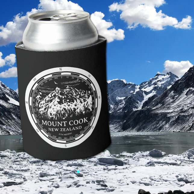 Aoraki Mount Cook - Canterbury New Zealand  Can Cooler (Mount Cook New Zealand Can-Cooler in Back with a white compass and mountain illustration)