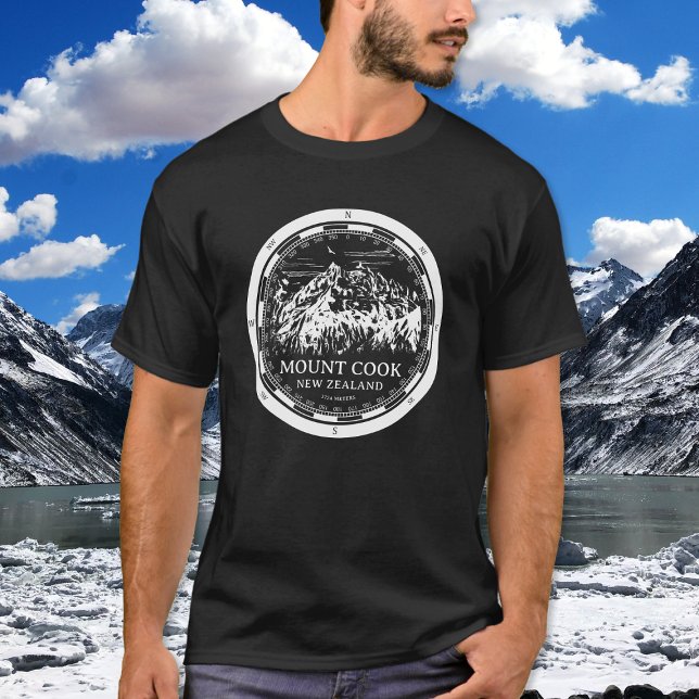 Aoraki Mount Cook - Canterbury New Zealand T-Shirt (Mount Cook New Zealand T-Shirt in Back with a white compass and mountain illustration)