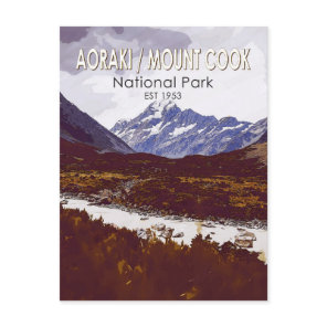 Aoraki Mount Cook National Park New Zealand Retro Postcard
