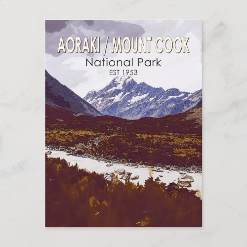 Aoraki Mount Cook National Park New Zealand Retro Postcard