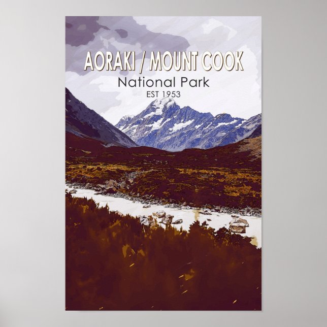 Aoraki Mount Cook National Park New Zealand Retro  Poster (Front)