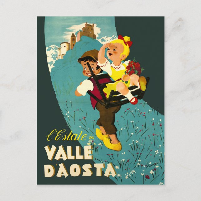 Aosta Valley, boy and girl hiking on mountain Postcard (Front)