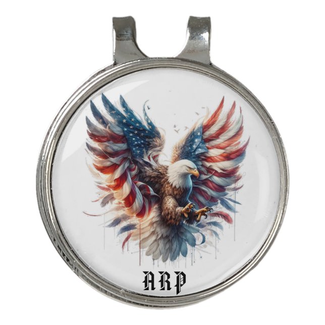 *~* AP16 American Flag Bald Eagle GOLF Initials Golf Hat Clip (Front)