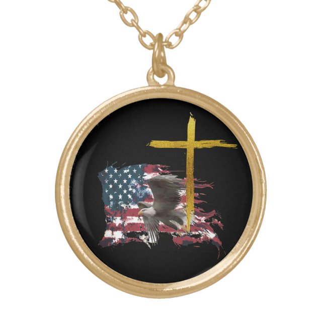 *~* AP16 Patriotic USA Eagle Military Christian Gold Plated Necklace (Front)