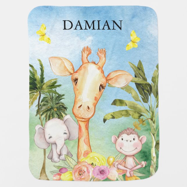 ** AP17 Cute Animal Giraffe Elephant Monkey Jungle Baby Blanket (Front)