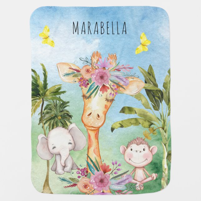 ** AP17 Jungle Animal Giraffe Elephant Monkey Cute Baby Blanket (Front)
