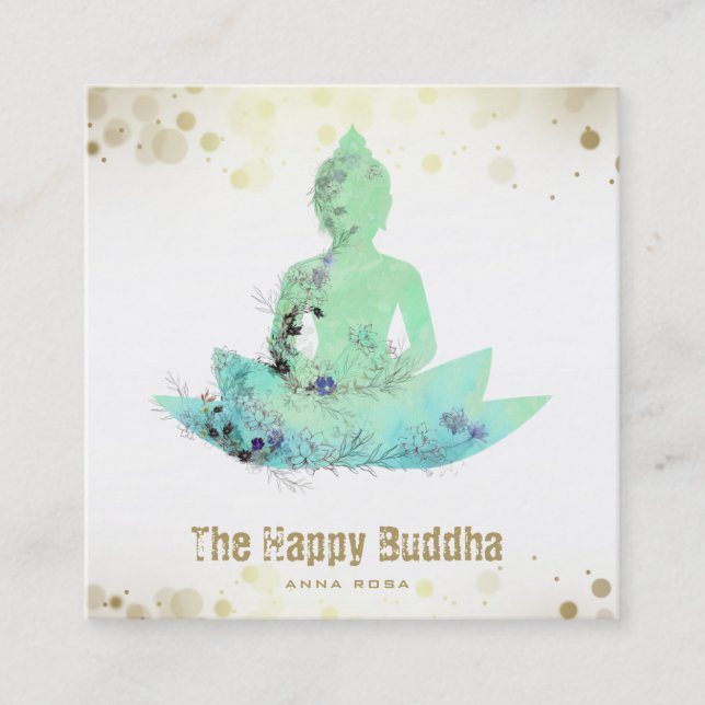 *~* AP33 Buddha QR Botanical  Lotus Aqua Square Business Card (Front)