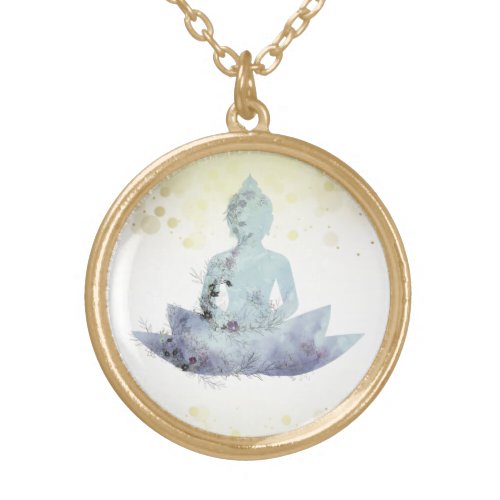  AP33 Dusty BLUE Buddha Botanical Floral Lotus Gold Plated Necklace