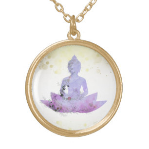 *~* AP33 Purple Buddha Botanical Floral Lotus Gold Plated Necklace