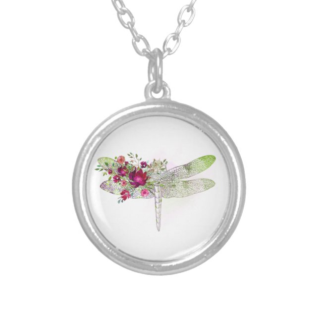 *~* AP34 Floral Red Rose Dragonfly Silver Plated Necklace (Front)