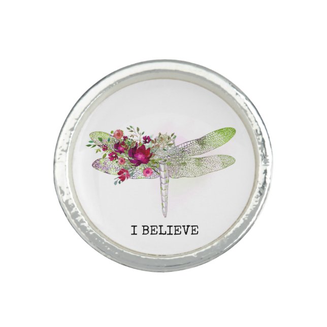 *~* AP34 Red Rose Dragonfly Floral  I BELIEVE Ring (Front)