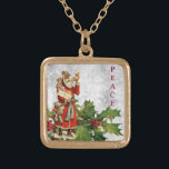 *~* AP40 Berry Vintage Retro St Nick Holly PEACE  Gold Plated Necklace<br><div class="desc">(search AP44 and also AP40 for similar items ) Dark Skin Saint Nicholas Bearing Gifts with a gold horn announcing his presence. Jewelry With Intention (r) Holly and Red Berries / Berry / and saint Nick Saint Nicholas as Nostalgic Old Fashioned Retro Antique Victorian Vintage Santa Clause and Holly foliage...</div>