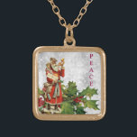 *~* AP40 Berry Vintage Retro St Nick Holly PEACE  Gold Plated Necklace<br><div class="desc">(search AP44 and also AP40 for similar items ) Dark Skin Saint Nicholas Bearing Gifts with a gold horn announcing his presence. Jewelry With Intention (r) Holly and Red Berries / Berry / and saint Nick Saint Nicholas as Nostalgic Old Fashioned Retro Antique Victorian Vintage Santa Clause and Holly foliage...</div>