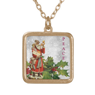 *~* AP40 Berry Vintage Retro St Nick Holly PEACE Gold Plated Necklace