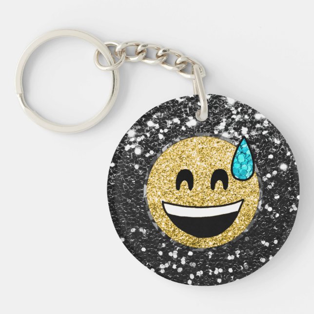 *~* AP40 Grinning QR Face Sweat  Emoji Glitter Keychain (Front)