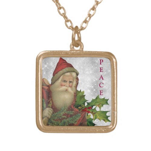 *~* AP40 Vintage Santa and Holly PEACE Gold  Plated Necklace