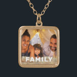 *~* AP42 FAMILY Photo Picture Gold Glitter  Gold Plated Necklace<br><div class="desc">SQUARE GOLD NECKLACE - GLITTER and White Block Letters (search id AP42 for similar designs on various products ) * Energetically Enhanced remembrance Keepsake memories memory family. Upload your family picture. Right now the text reads "FAMILY" A text area is available. Personalize Customize the font color , font size actual...</div>