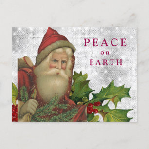 *~* AP44 Silver Vintage Santa Holly PEACE PHOTO Holiday Postcard