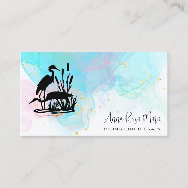 *~* AP46 QR Ethereal Beach Marsh Elegant Herons Business Card (Front)