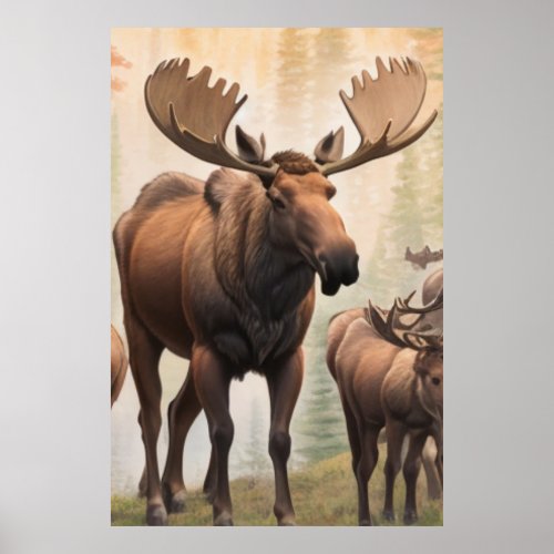  AP49 Herd MOOSE  Stream Forest Nature  Poster