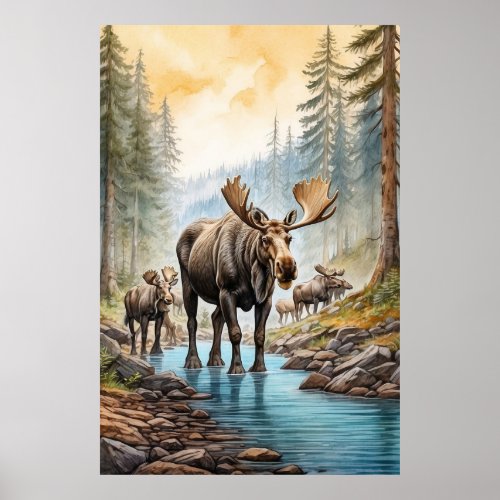  AP49 MOOSE Herd Stream Nature Forest  Poster