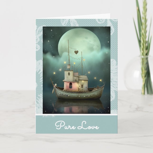 *~* AP51 Romantic House Boat Hearts Valentine 35 Holiday Card (Front)