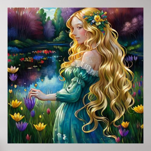   AP56 Art Blonde Woman Waterfall Pond Flowers  Poster