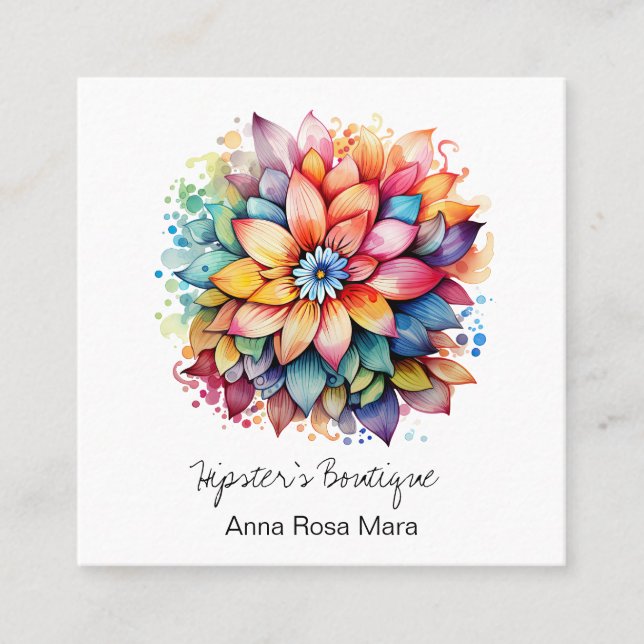 *~* AP57 Boho QR Bold Retro 60's Flower Bouquet Square Business Card (Front)