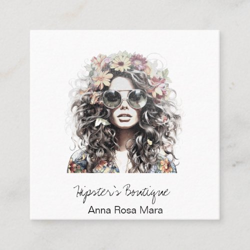  AP57  Boho QR Floral Wild Hippie Girl  Square Business Card