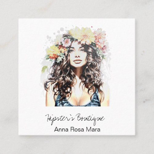  AP57  Boho QR Floral Wild Hippie Woman Square Business Card